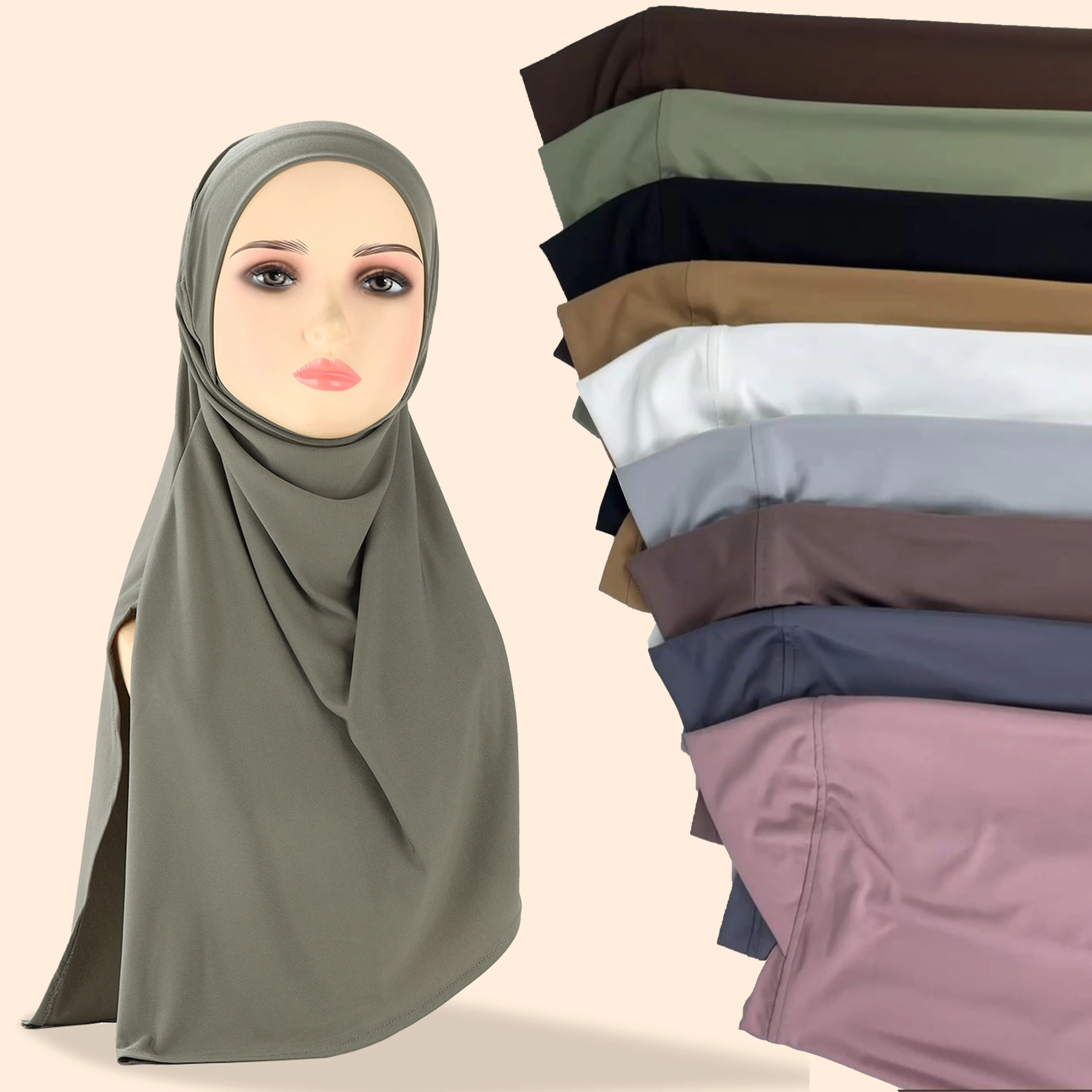 Muslim Crystal Hemp Pullover Hijab Wrap Chin Pure Colour Right Split Hijab Crystal Hemp Comfort Pullover Hat Multicolour Shawl