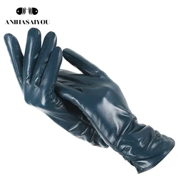 Guantes clásicos de cuero plisado para mujer, guantes de cuero auténtico de color, guantes de invierno de piel de oveja para mujer-2081