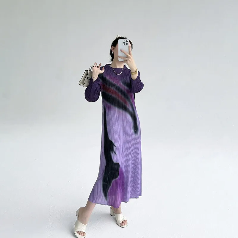 Miyake novo estilo francês vestidos femininos de manga comprida elegante temperamento impresso plissado emagrecimento cabido longo vestido de camadas
