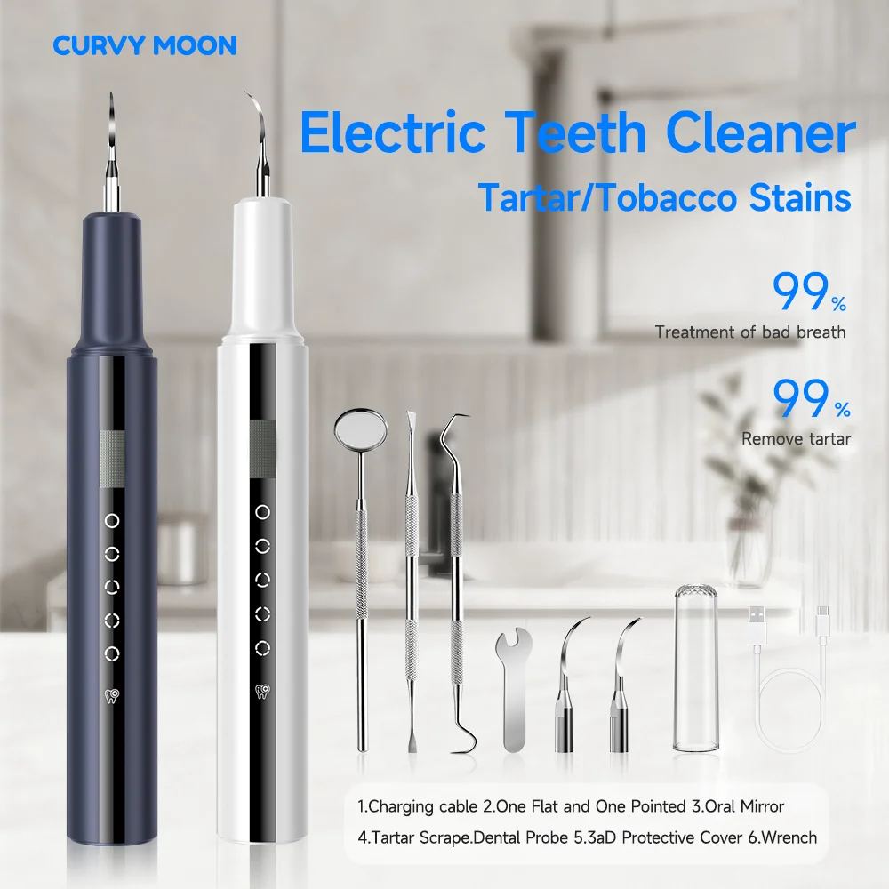 Curvy moon t7 limpador de dentes ultrassônico elétrico removedor de tártaro ferramentas de limpeza de manchas de dente clareamento dental limpo cuidados pessoais
