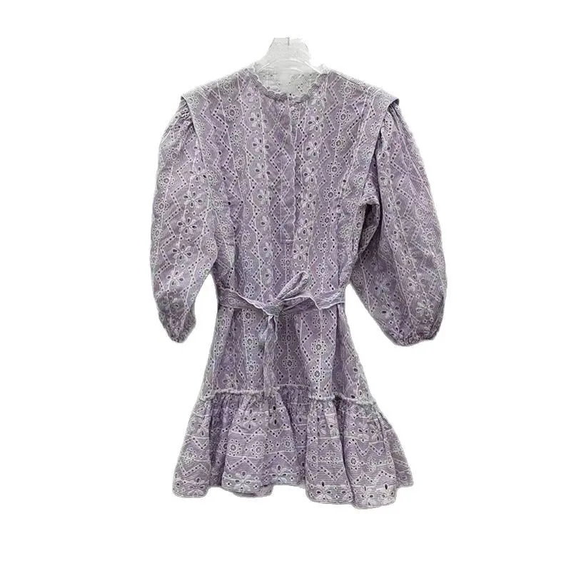 

Dreamy Purple Vacation Dress Heavy Industry Embroidered Floral Hollow Round Collar Lotus Leaf Lace Spring and Summer New Product
