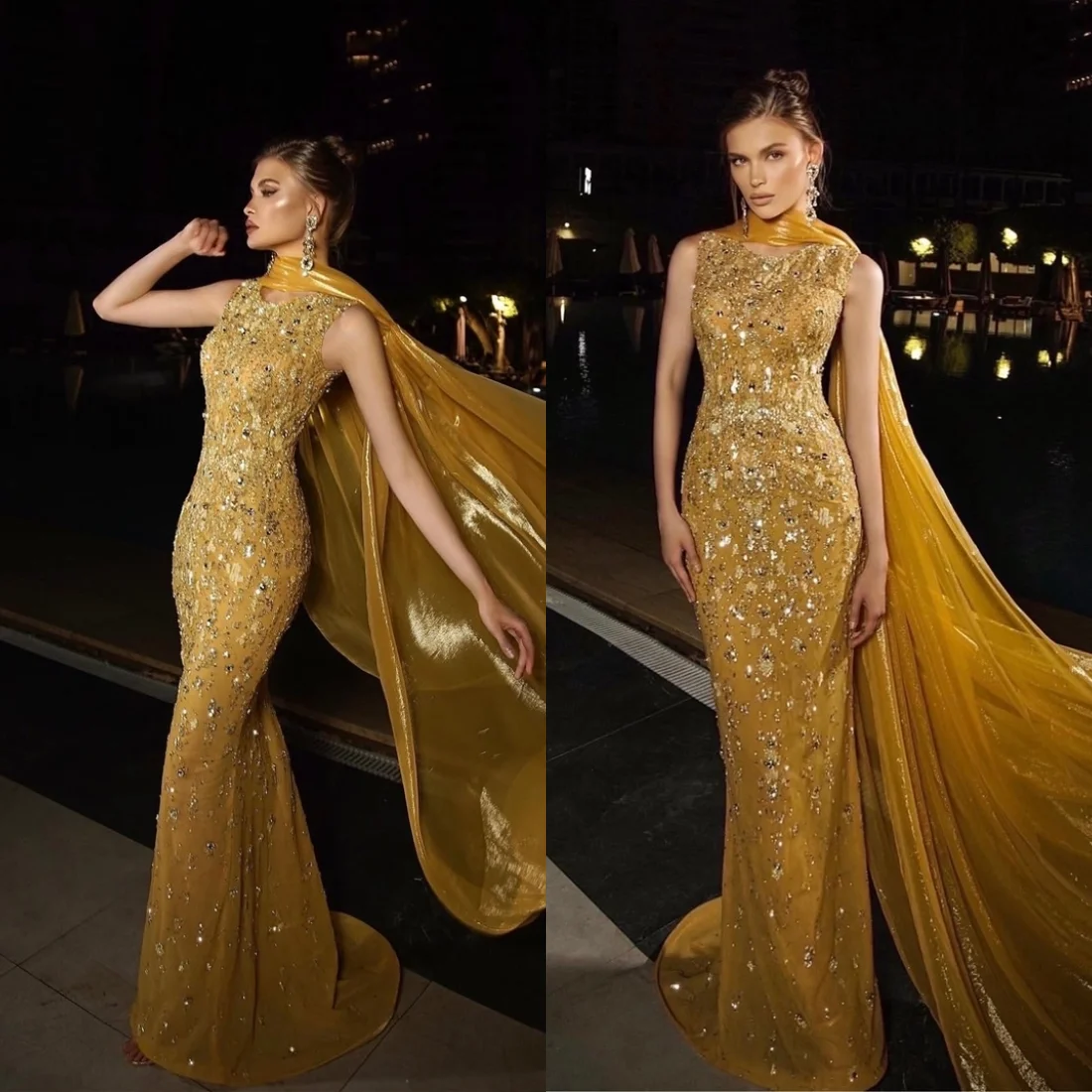 Luxury Mustard Yellow Sequin Mermaid Dress with Attached Satin Cape and Embellished Bodice Women Gala Customized B262647