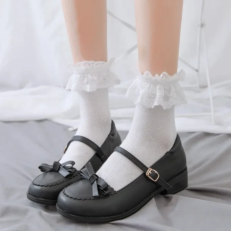 

Women Socks Lace Lolita Jk Japanese Style White Black Solid kawaii Girl Cotton Cute Ankle Socks For Famale носки женские