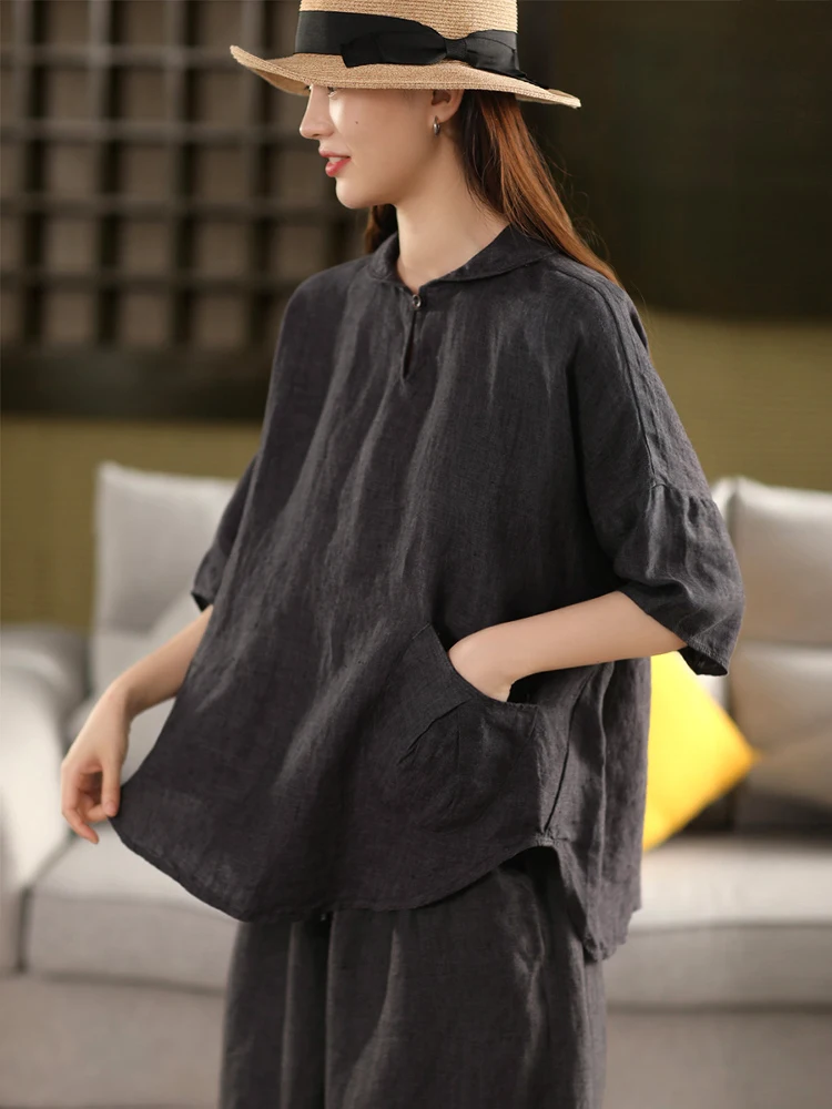 

Ретро-рубашка из 100% льна с цветным плетением, художественным маленьким воротником, свободного кроя, для повседневной носки