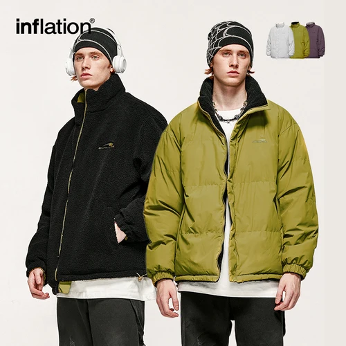 INFLATION 두꺼운 따뜻한 리버시블 양털 재킷, 남녀공용 스탠드 칼라 폴라 플리스 코튼 패딩 코트, 겨울 