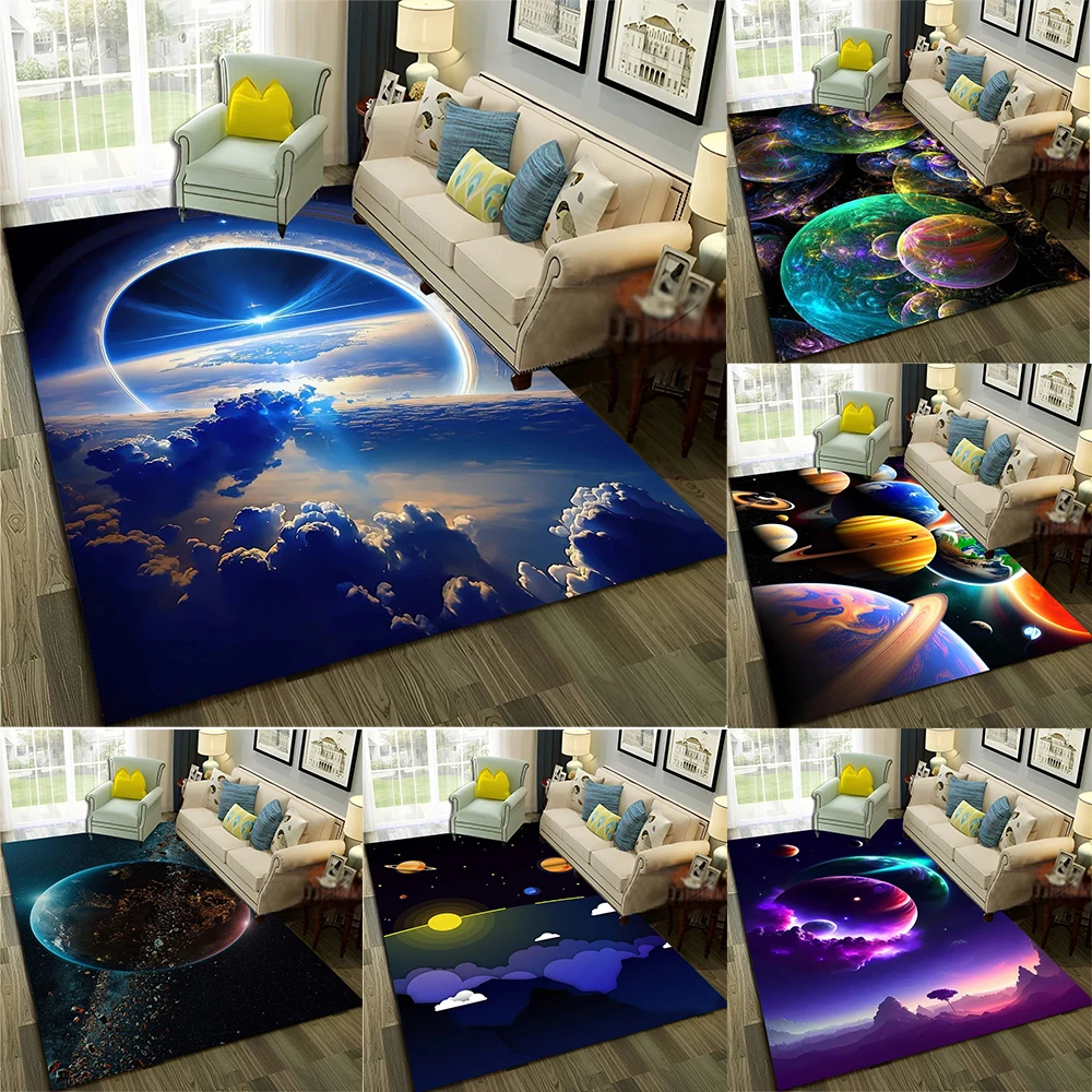 Space Themed Area Rug With Artistic Cosmic Patterns Of Planets, Galaxies, And Nebulas, Soft Decorative Carpet For Living Room