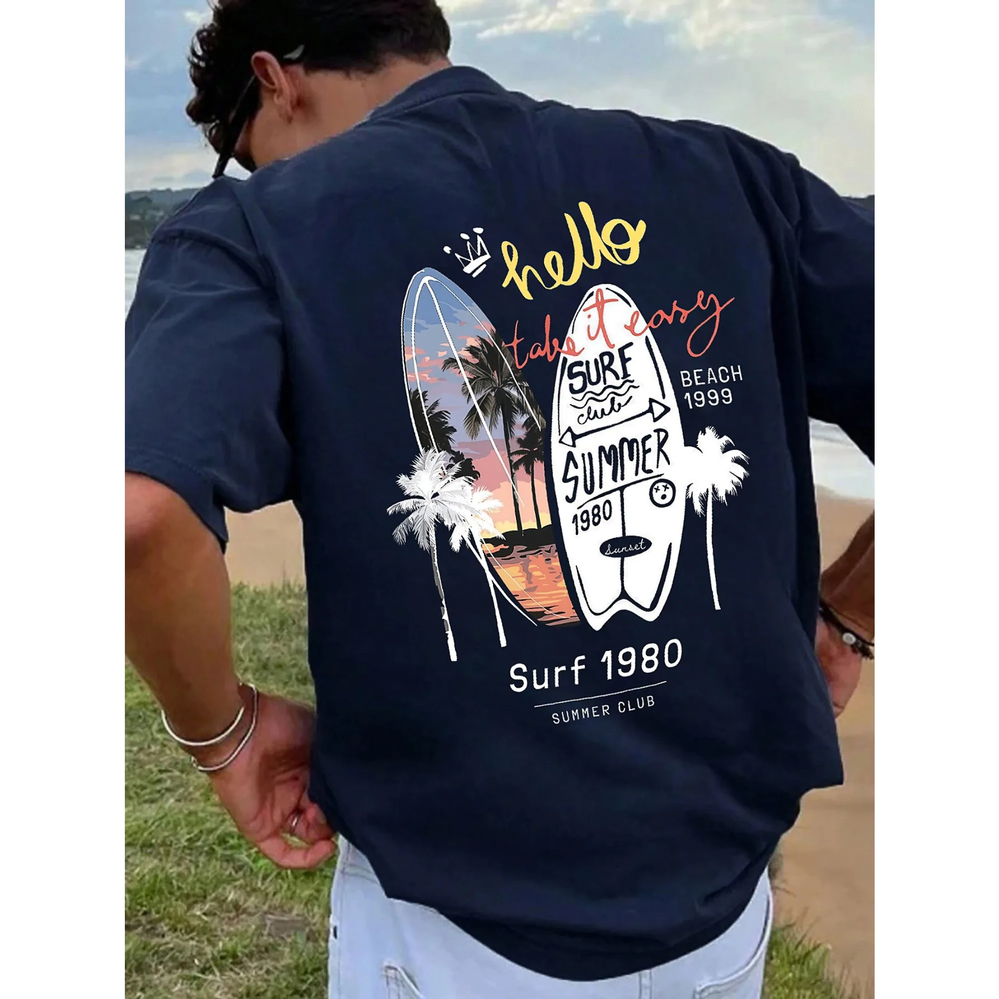 Summer Surfboard Palm Tree Graphic T-Shirt Men Women Casual Streetwear Short Sleeve Cotton Retro Beach Tee Tops