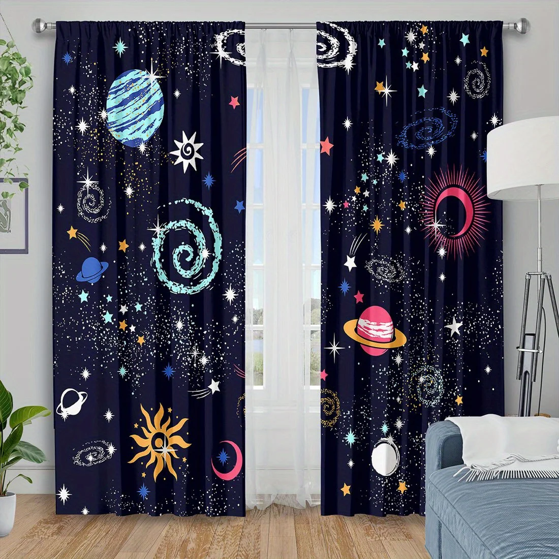 Cosmic Planet Starry Theme Curtain 2 Panels Spiral Nebula Comet Multicolor Base Living Room Curtain Cute Retro Space Home Decor