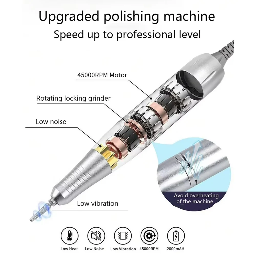 Tragbare Nagelbohrmaschine, 35.000 U/min, wiederaufladbare E-Feile mit Bits-Set zum Entfernen von Acryl-Gel-Polier