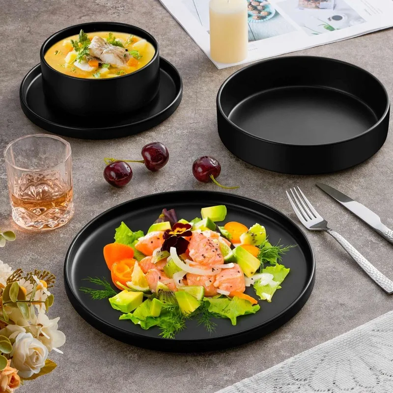 Set di stoviglie con ciotole per pasta per 4, 16 pezzi, piatti per insalata e ciotole per cereali, piatti in gres, cena Wa