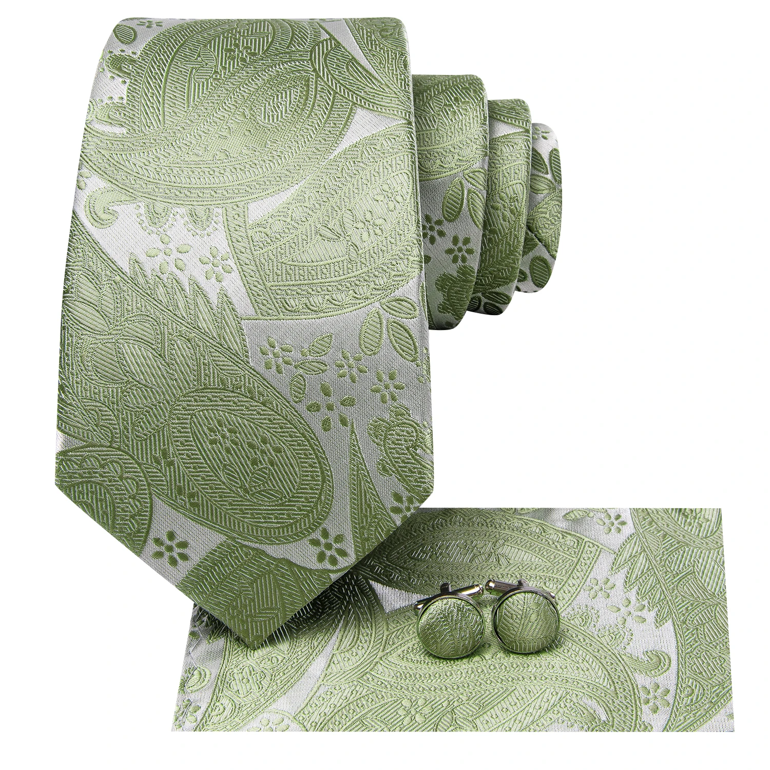 Hi-Tie Paisley Sage Green Men's Ties Solid 8.5cm Jacquard Necktie Accessories Daily Wear Cravat Wedding Party Gift 3PCS Set