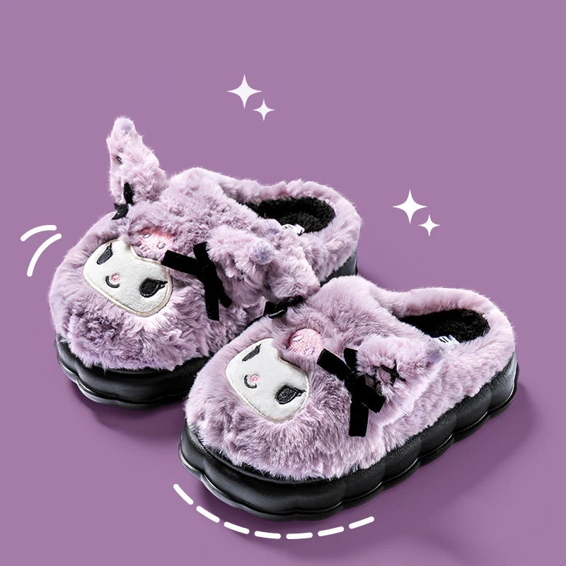 Sanrios Kuromi Kind Katoenen Slippers Herfst Winter Anime Meisje Indoor Kawaii Cartoon Warm Houden Fluwelen Ouder-kind Thuis Schoenen