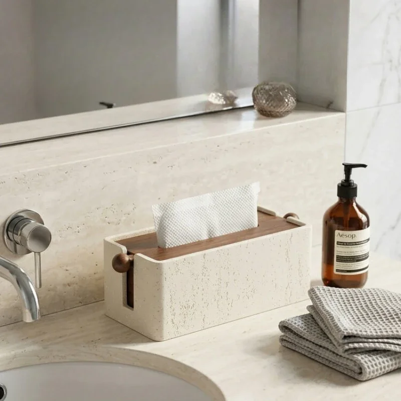 Luxury Travertine Tissue Box Cover, Recessed Lid Paper Towel Holder for Bathroom Sink, Creative Desk Napkin Organizer Home Decor