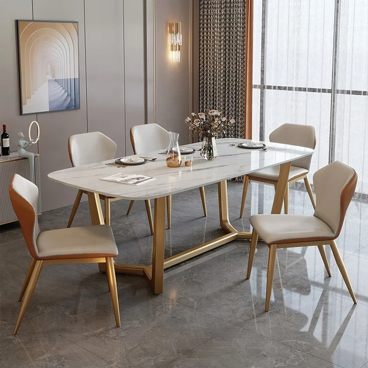 Qiaotai Furniture Modern Dining Table Stainless Steel Gold Frame Dining Room Furniture Slate Table Top Dining Table Set