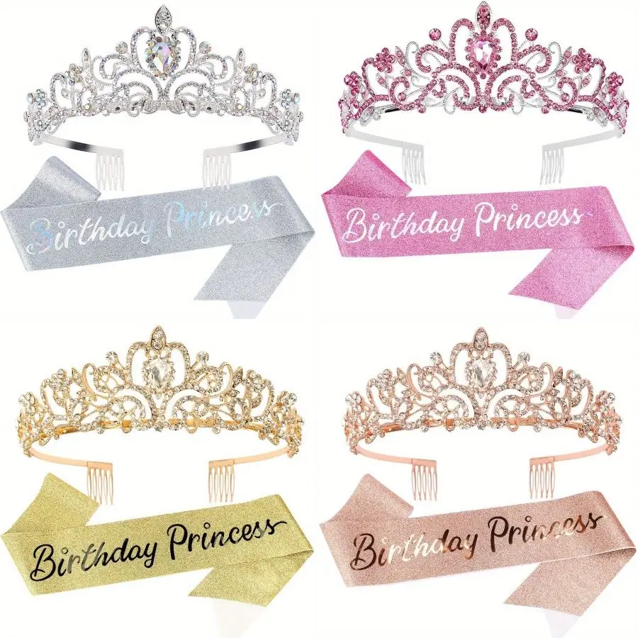 Conjunto de 2 Peças Tiara de Cristal com Strass Brilhante para Aniversário, Faixa de Princesa para Mulheres e Meninas, Kit de Decoração para Festa de Aniversário
