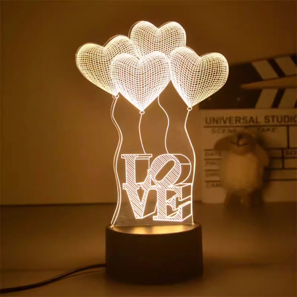 Lámpara 3D de amor romántico, globo en forma de corazón, luz de noche LED acrílica, lámpara de mesa decorativa, regalo de San Valentín, corazón, esposa