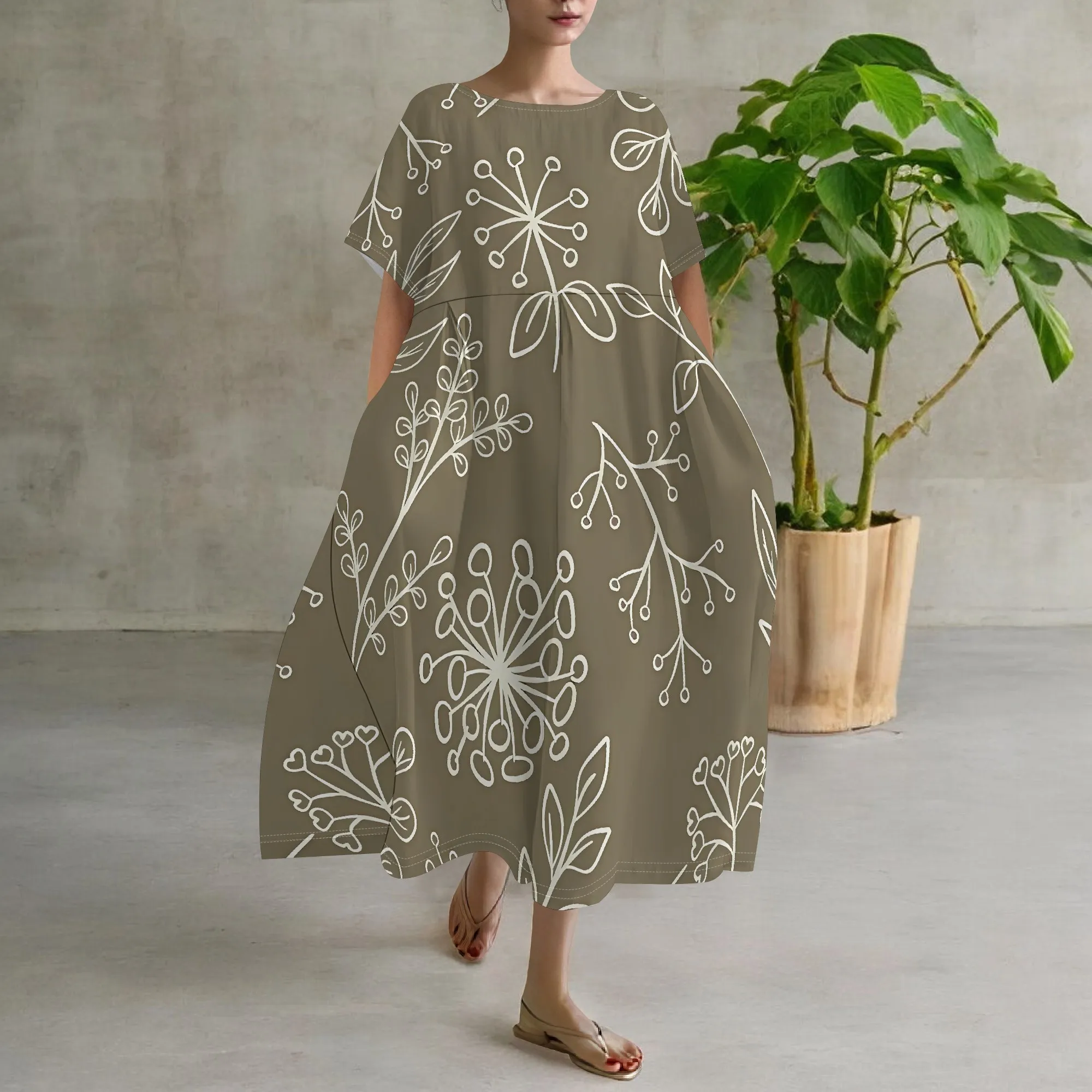 Nupusa Standard Size Maxi Dress Floral Print Short Sleeve Loose Dress