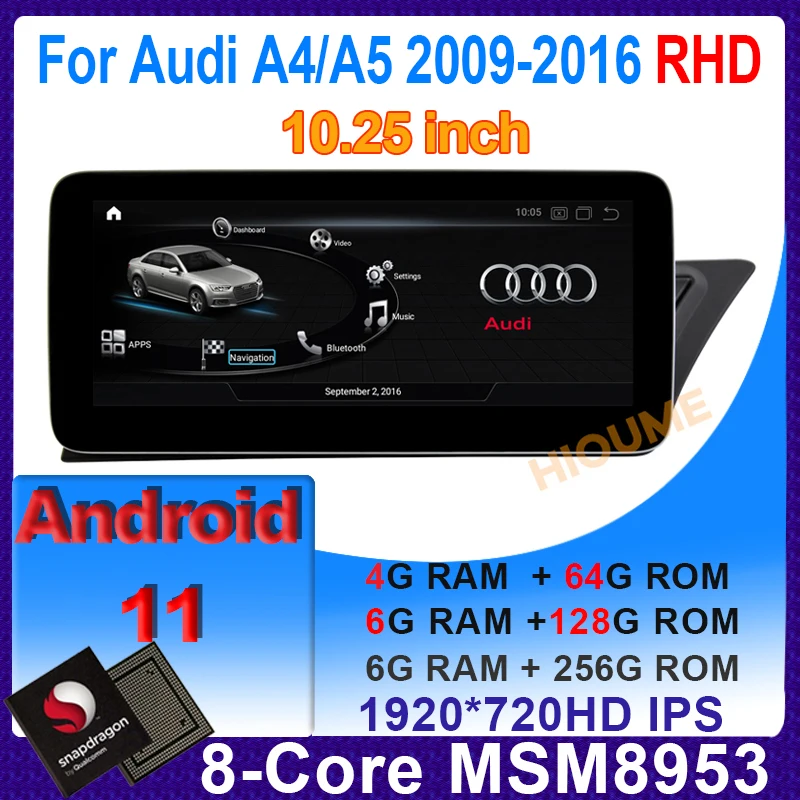 

10.25" Snapdragon CPU Android 11 Auto Radio Multimedia Player GPS Navigation For Audi A4 A4L A5 2008-2016 RHD Cars Stereo Screen