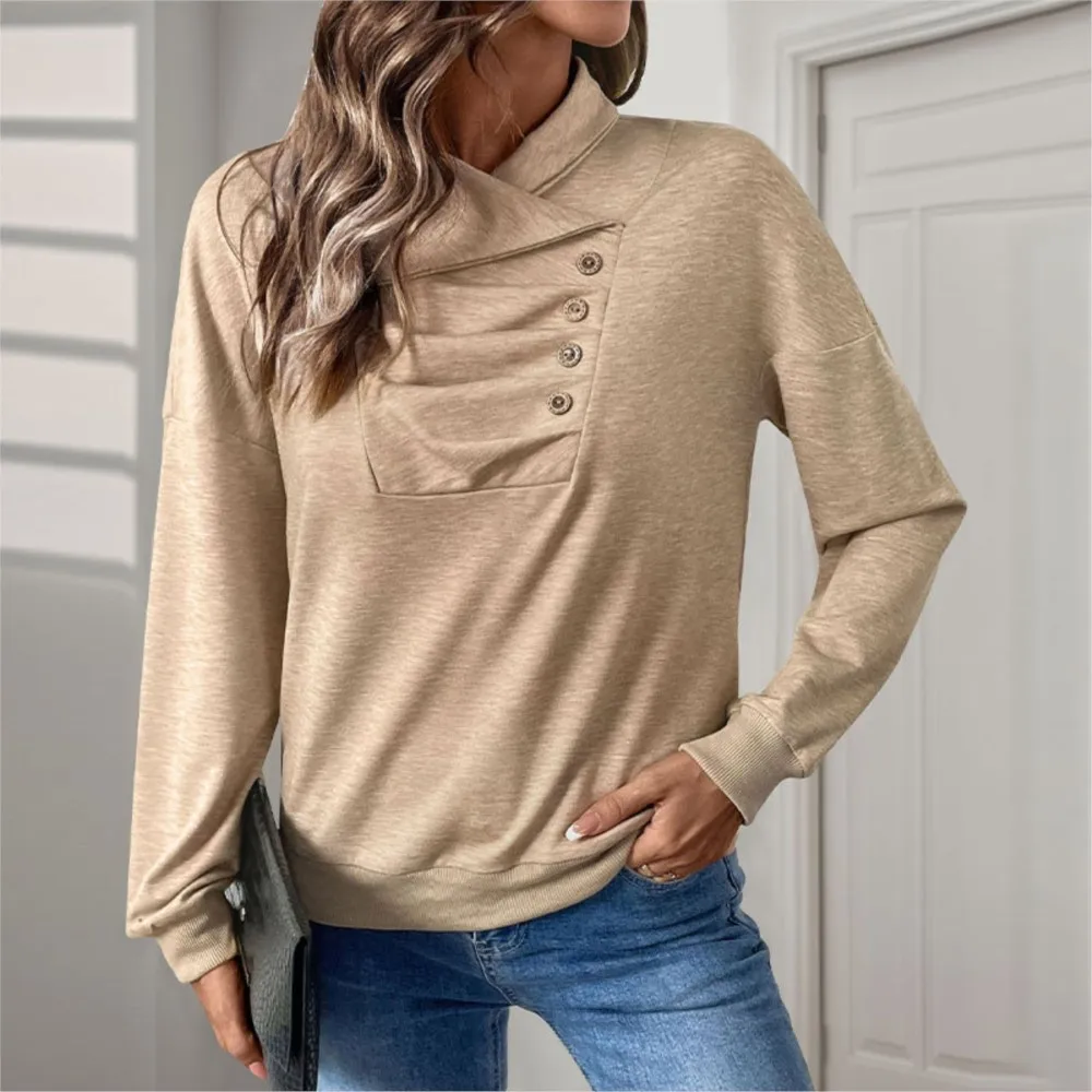 Women's Solid Color Casual V-neck Long Sleeve Folded Button Decoration Hoodies for Autumn/Winter