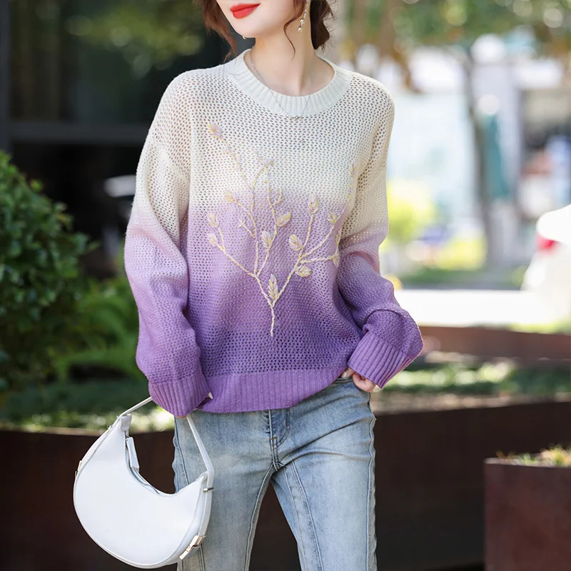 Pure wool knitted round neck hollow-out fashion sweater women\'s autumn and winter Korean version casual all-match base shirt