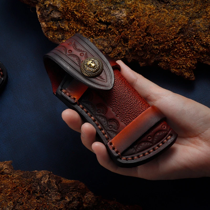 New Carved Leather Case Head Layer Cowhide Folding Knife Holster Storage Pocket High Quality Outdoor Knife Case