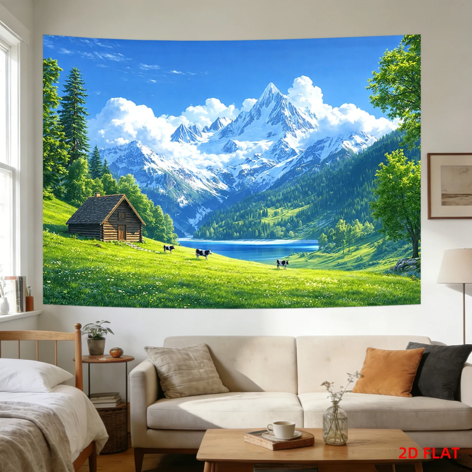 Gigantic Alpine Mountain Landscape Tapestry Mural Wall Hanging Decor for Home Cabin Forest View Nature Polyester Art