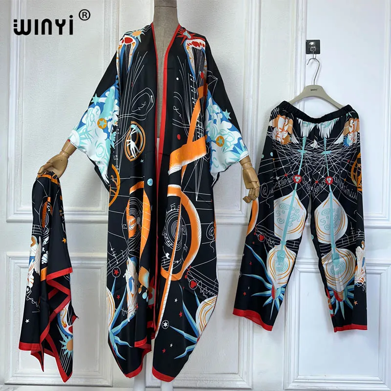 WINYI Summer Africa fashion two-piece maxi Cardigan pant sets Boho Printed Batwing Sleeve kimonos Women Printing Fashion dress