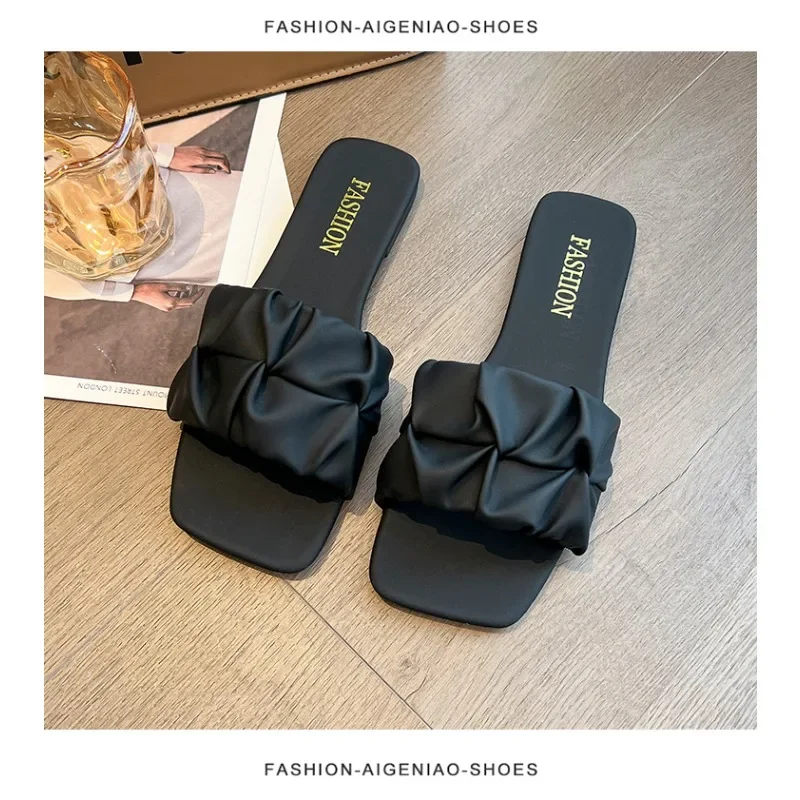 2024 Summer Slippers for Women Flip Flops Flats New Pleated Korean Slippers Women Sandals Green Slip on Shoes Big Size 35-42