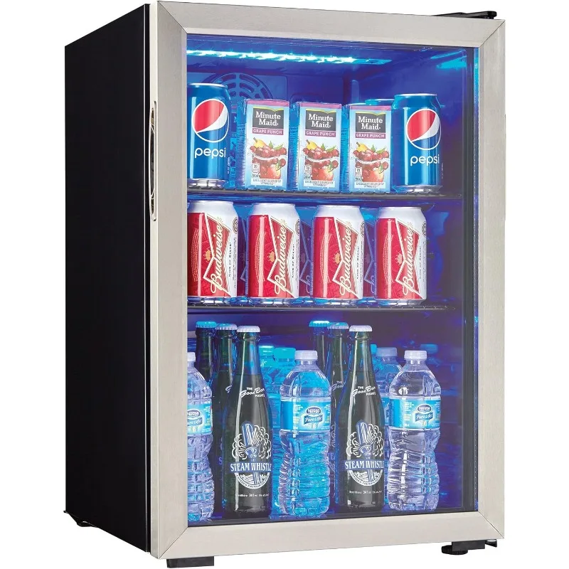 Centro de bebidas de 95 latas, refrigerador de 2,6 pies cúbicos para sótano, comedor, sala de estar, negro/acero inoxidable