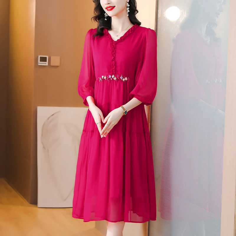 여성용 보호 레드 쉬폰 시크 아플리케 미디 원피스, 우아한 바디콘 프릴 브이넥 원피스 2025, 한국 패션 캐주얼 원피스, 여름