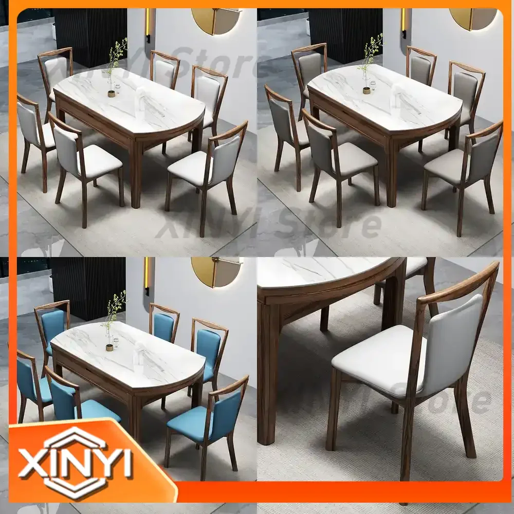 Extendable Solid Wood and Rock Slab Dining Table Set for Home Use Modern Minimalist Walnut Dining Table for Small Spaces