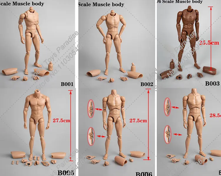 B001-B007 1/6 Men Soldier Super Flexible Body Narrow Shoulder Wide Shoulder Muscles Joint Body Fit 12inch Action Figure Head