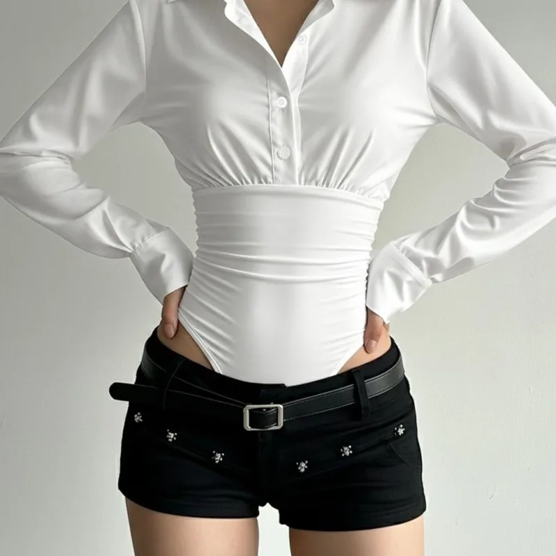 Letnia Moda Nowy Design Elegancki Styl Pikantny Dziewczyna Trójwymiarowy Top Prosty Dopasowany Uniwersalny Kombinezon Koszulowy z Długim Rękawem