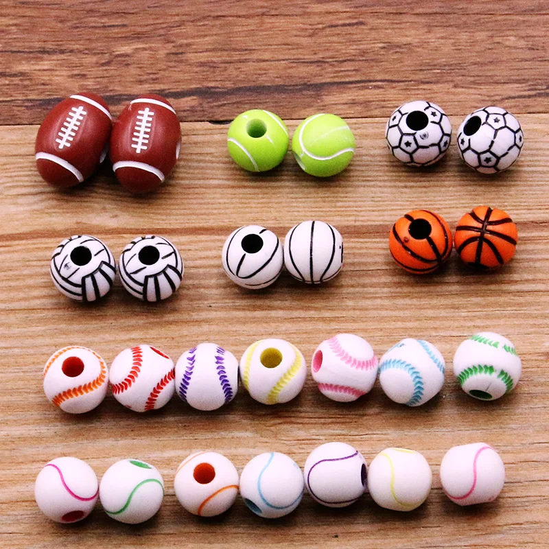 20-100Pcs Sport Rugby Tennis Basketball Football Beads Spacer Acrylic For Making Bracelet Necklace DIY Craft Jewelry Supplies