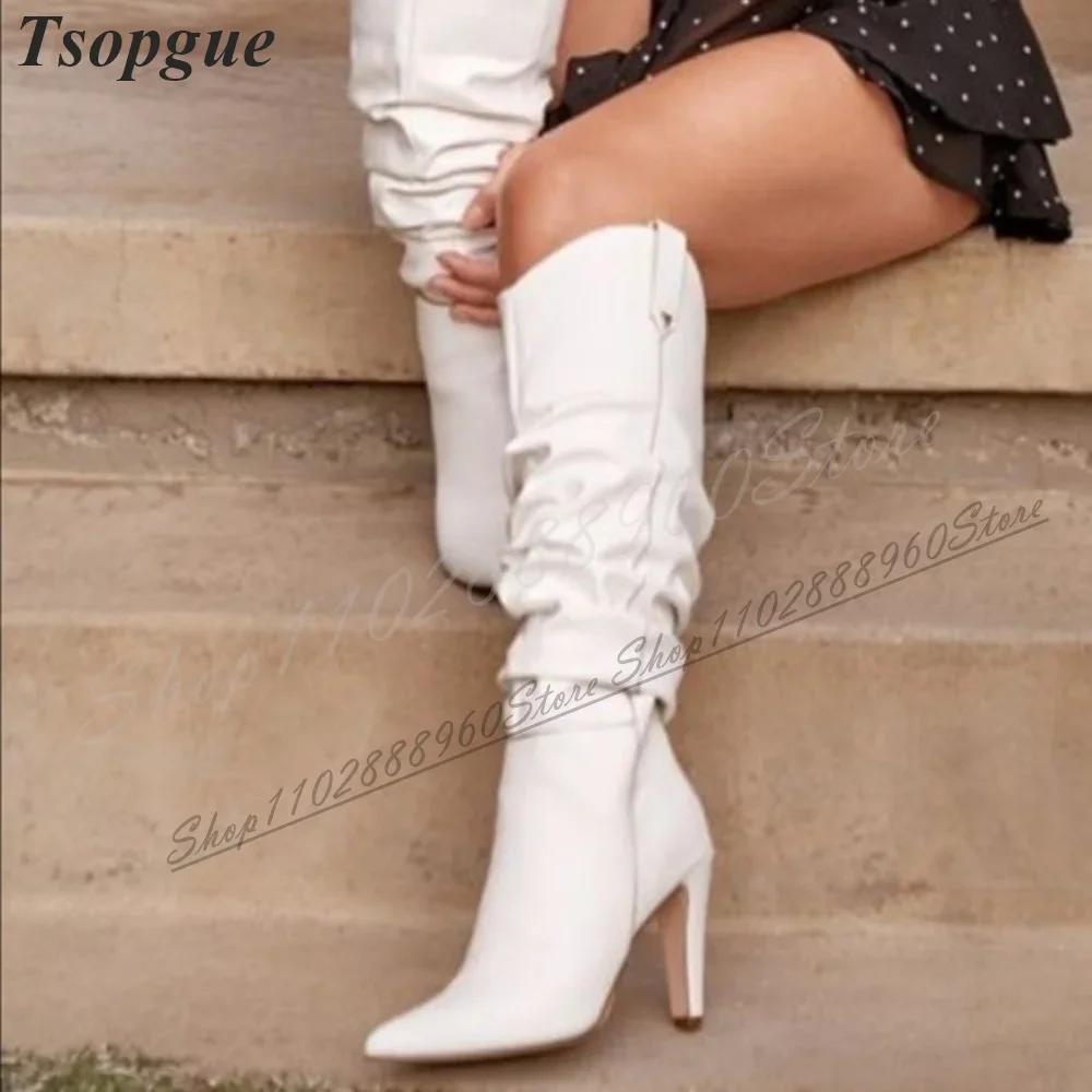 أنيقة الركبة عالية الأبيض مطوي الأحذية الجلدية سبايك أحذية عالية الكعب للنساء الجانب سستة أشار تو 2024 Zapatos Para Mujere