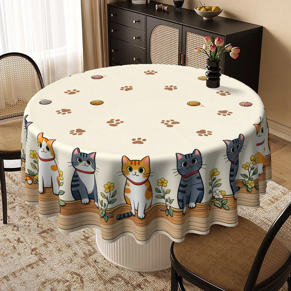A circular tablecloth with a Christmas cat theme, featuring adorable cat patterns. Perfect for Christmaszyc