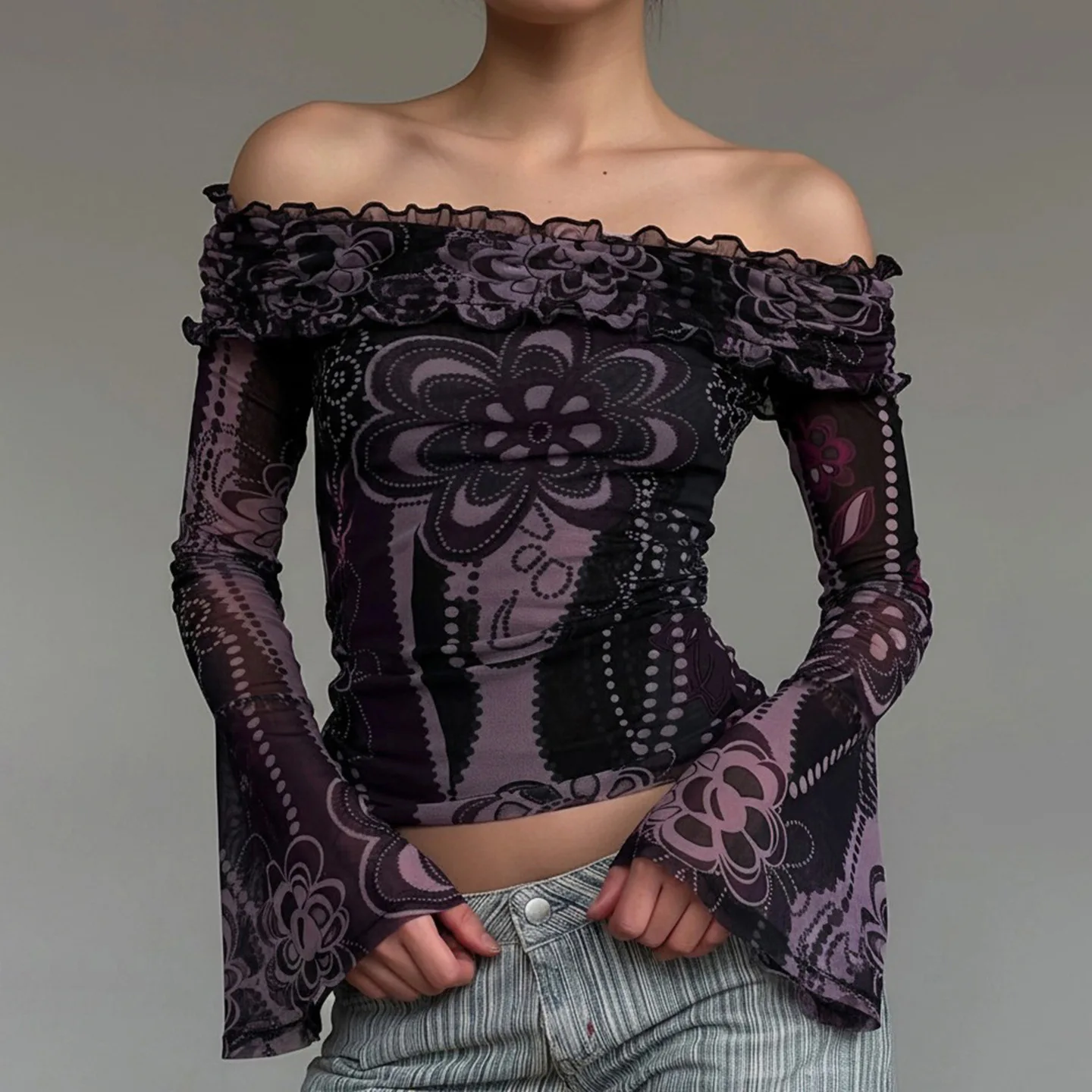 

2025 Autumn Mesh Printed Lace Off Shoulder Crop Top Women Slash Neck Full Flare Sleeve Slim Casual Versatile T Shirts Streetwear