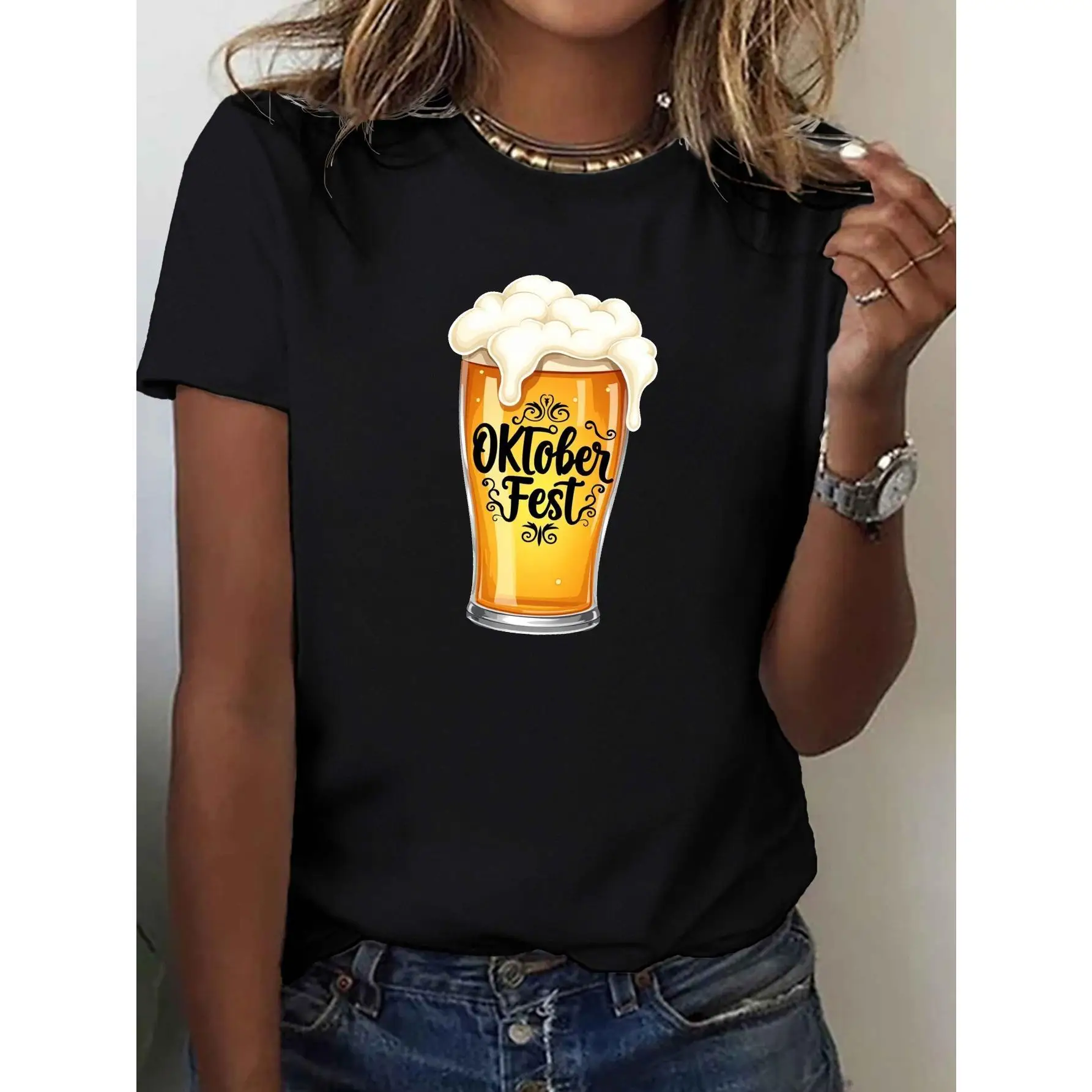 

Oktoberfest Women's T-Shirt - Black Beer Graphic Tee, Comfortable Fit, Short Sleeve, Casual Style, Machine Washable, Festive Att