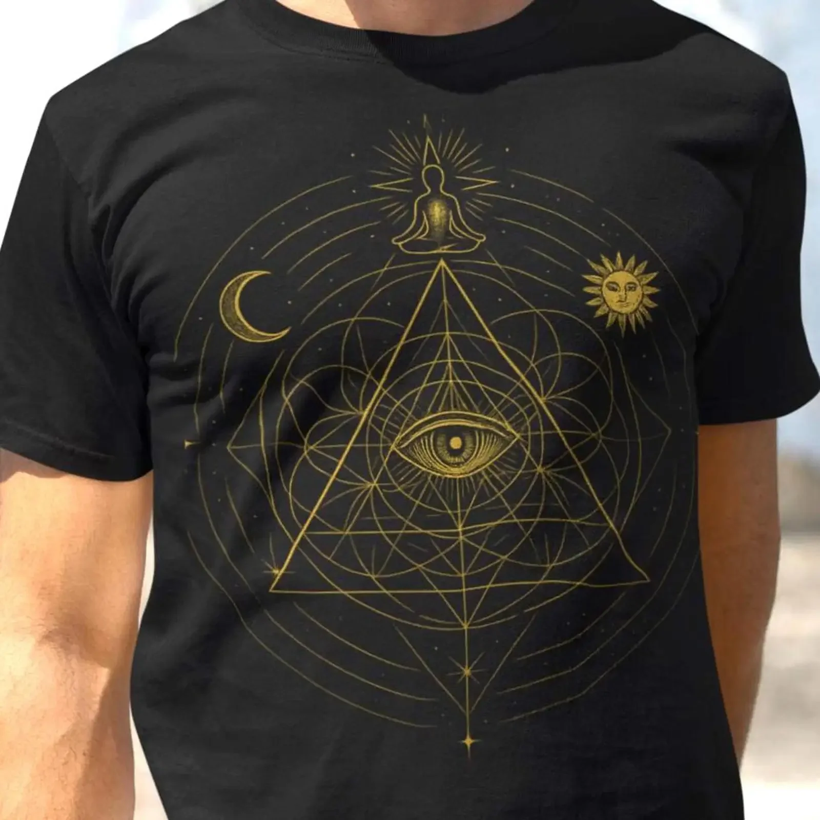 Gold Print Sacred Geometry T Shirt Flower of Life Spiritual Metaphysical Meditation Yoga Lover Top vintage Washed Soft