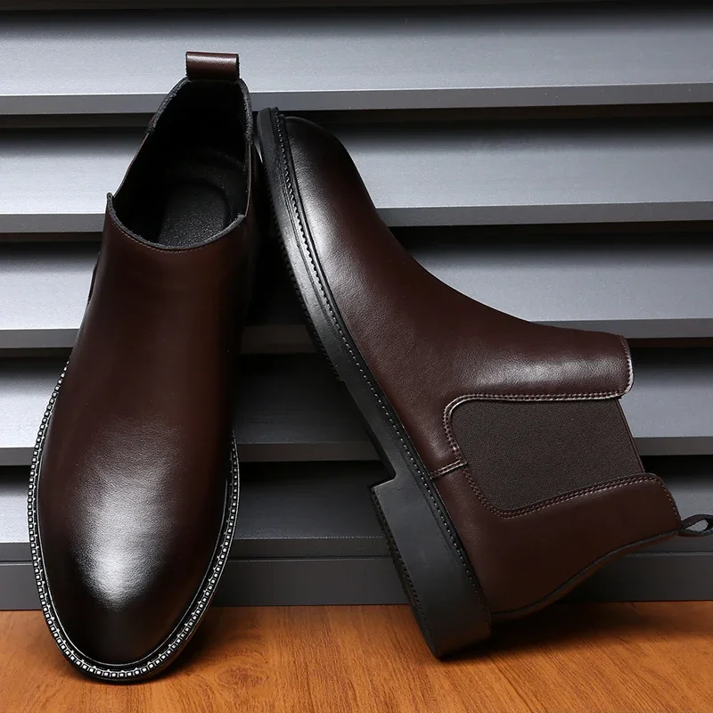 

Мужские повседневные кожаные ботинки челси, высококачественные деловые модельные офисные туфли, удобные модные дизайнерские ботинки на плоской подошве с острым носком
