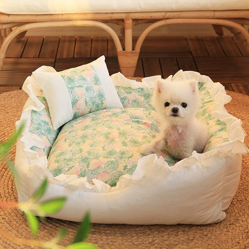 S~L Pet Bed Cat Soft Lace Nest Cute Puppy Square Sleeping Cushion Bed ，Cat Sofa Warming Dog Nest with Pillow Washable Pet Bed