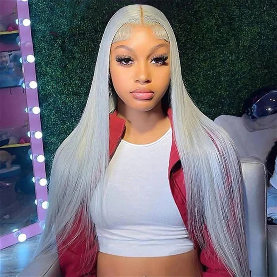 

Silver Grey Straight Lace Front Human Hair Wigs 613 Colored HD Transparent Lace Frontal Wig For Women Pre Plucked 180% Density