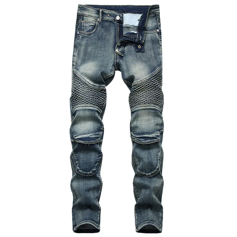 Nowe jeansy w stylu europejskim i amerykańskim na rok 2025, męskie nakolanniki motocyklowe Amazon, jeansy motocyklowe w stylu retro, modne męskie jeansy slim-fit.
