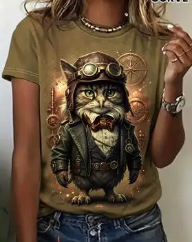 Women Olive Short Sleeve T‑Shirt, Steampunk Owl Pilot Gears Print O‑Neck Casual Loose Summer Graphic Tee