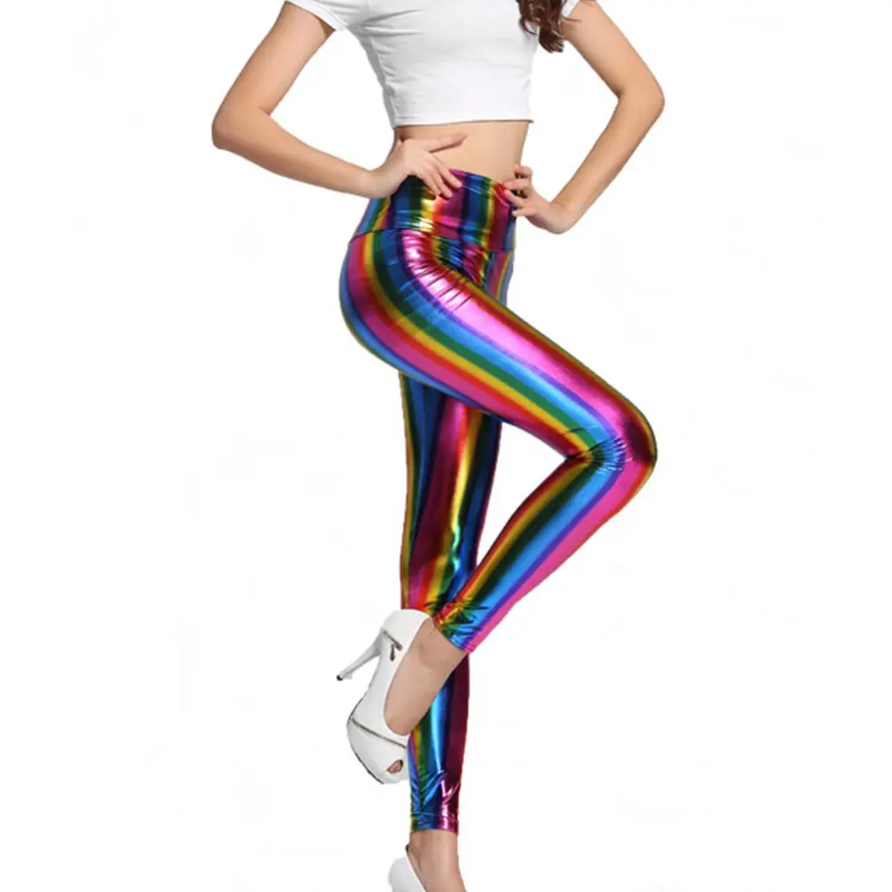 Ladies Fashion Costume Stripe Fancy Adult Retro Leather Pants Leggings Rainbow Pants