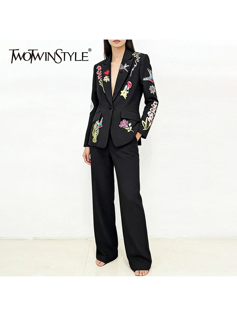 

TWOTWINSTYLE Slimming Two Piece Sets for Women Lapel Long Sleeves Spliced Embroidery Blazer High Waist Pant Fashion Set Female