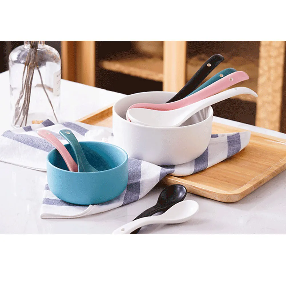 

4Pcs Ceramic Spoon Multifunctional Porridge Soup Appetizer Wonton Tongsui Udon Noodles Gift Set Blue Pink Green Black