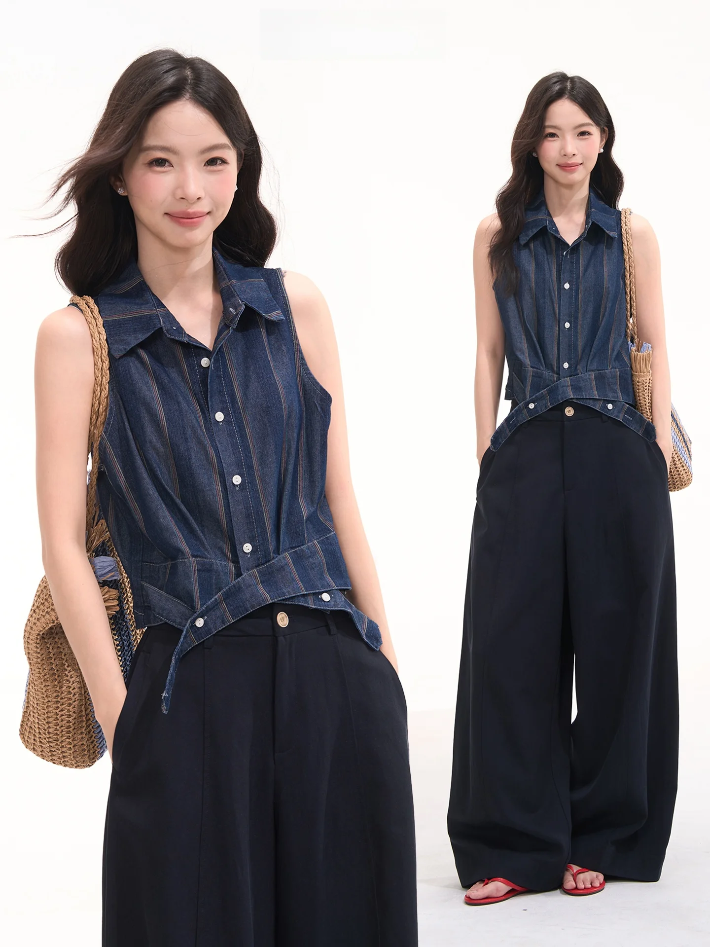 

Heme Napoleon Tart Retro Simple Versatile Design Sleeveless Denim Shirt Top Summer Vintage Style Women's Polyester Cotton Blend