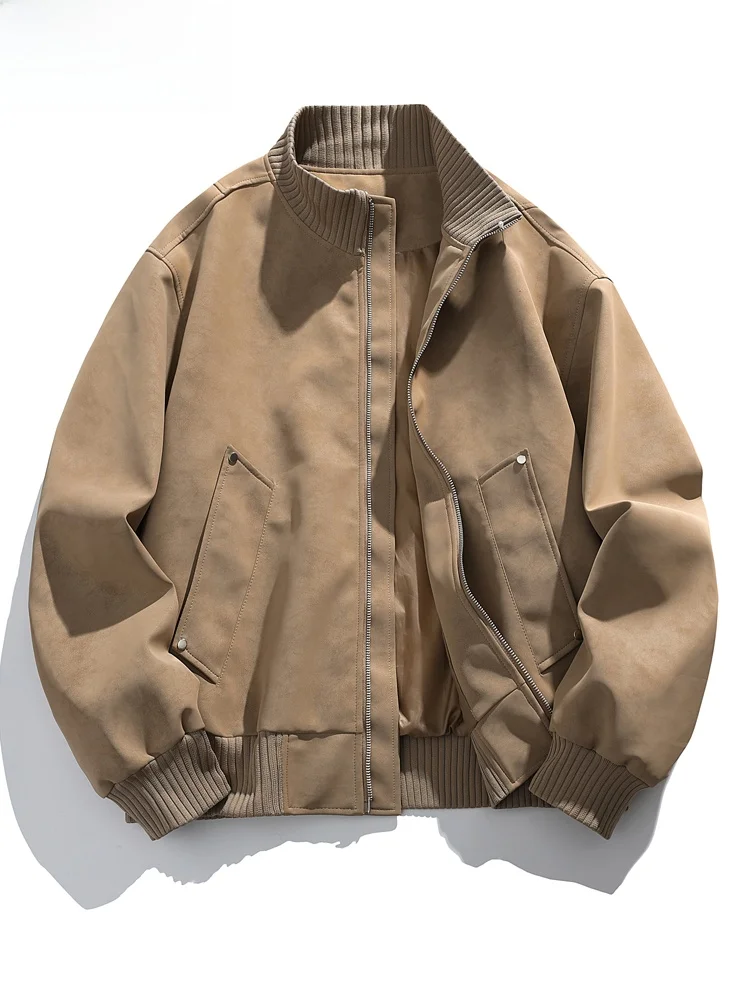 

TUCANO American Sle Retro PU Leather Jaet Men's Loose Casual Stand Collar Zipper Coat Windproof Long Sve Polyester Fiber