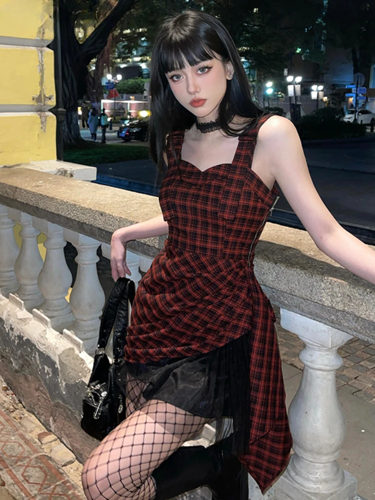

Fashion Mesh Patchwork Red and Black Plaid Stripe Suspender Dress Female 2023 Summer Sexy Short A- Line Dresses for Women
